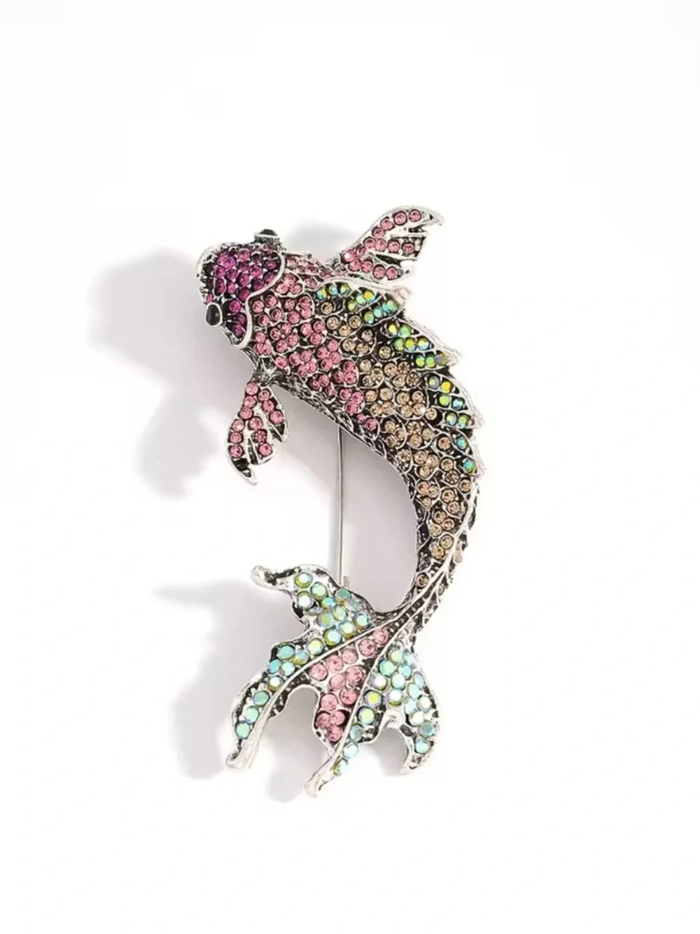 Red Koi Fish Rhinestone Brooch. Vintage 3-Color Carp Fish Brooch